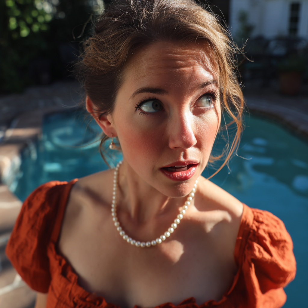Una mujer asustada junto a una piscina | Fuente: Midjourney