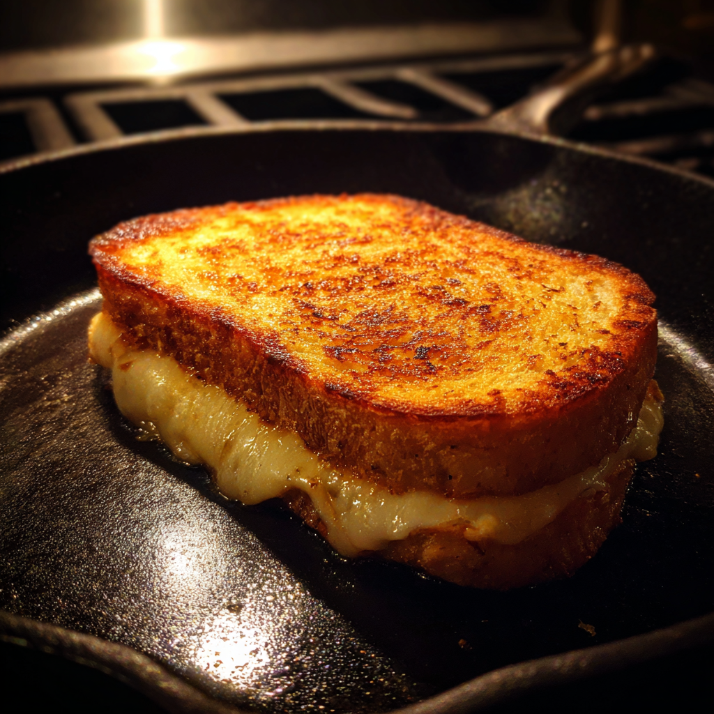 Un bocadillo de queso a la plancha en una sartén | Fuente: Midjourney