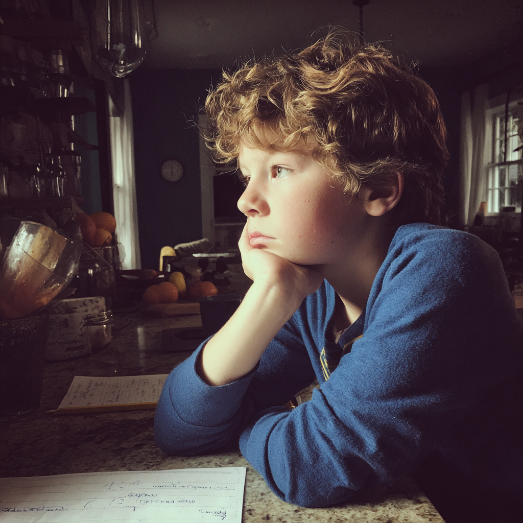 Un niño sentado en la encimera de la cocina | Fuente: Midjourney
