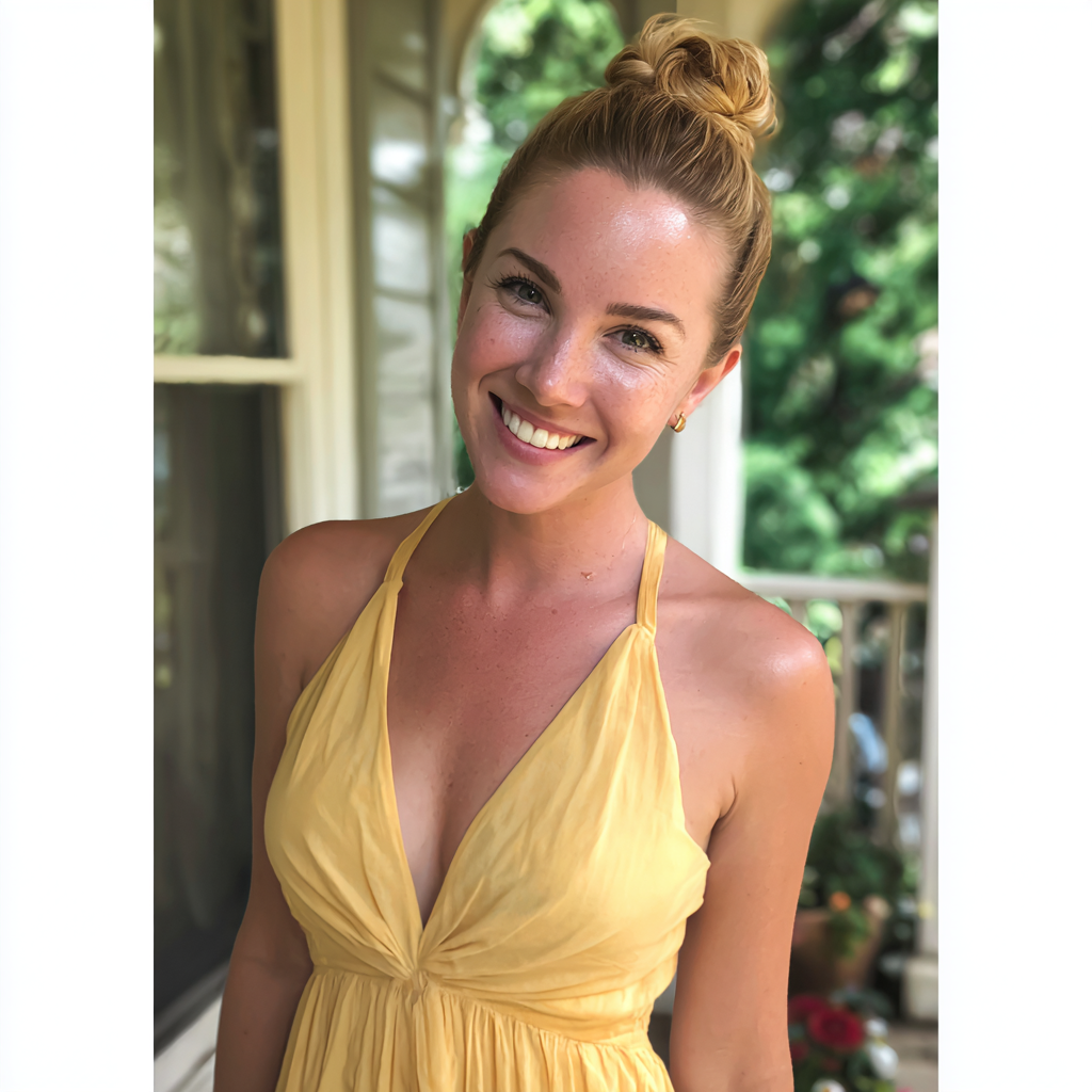 Una mujer sonriente con un vestido amarillo | Fuente: Midjourney