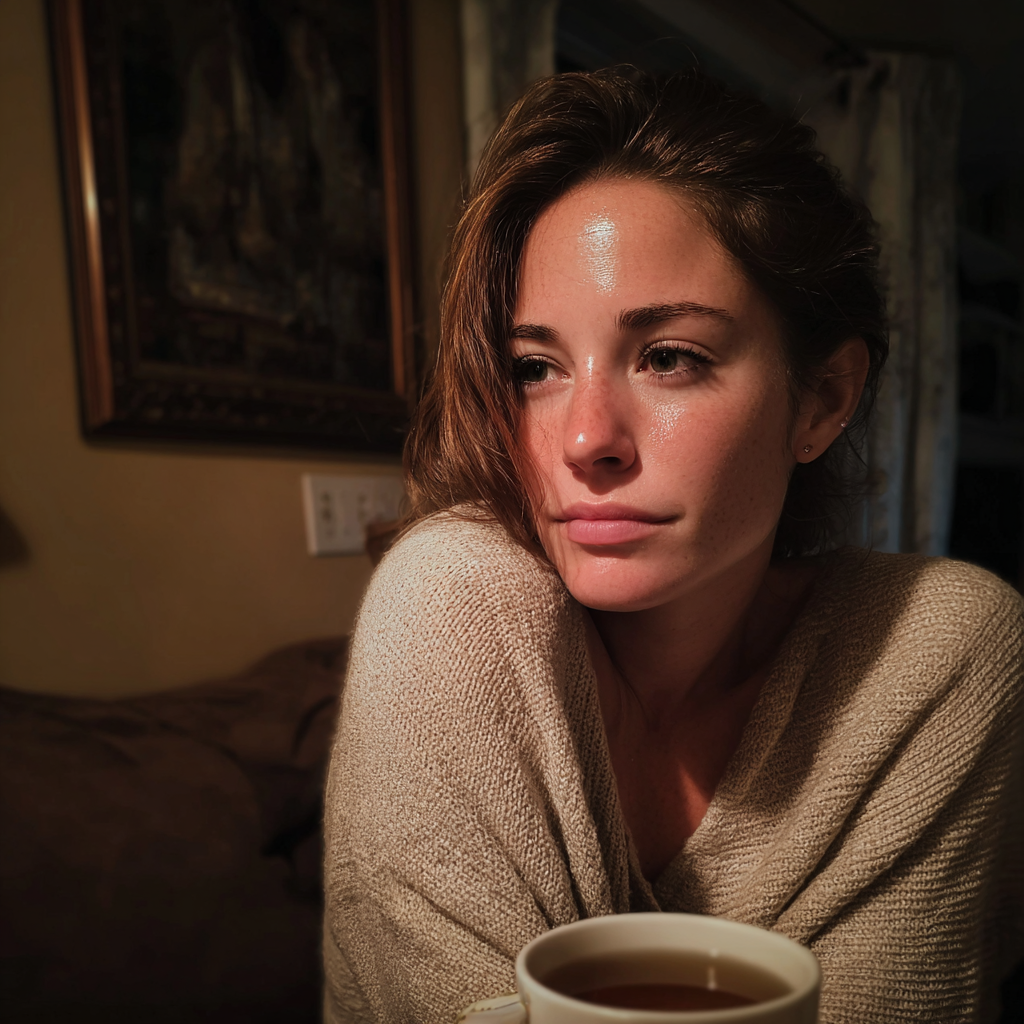 Una mujer sentada en un sofá con una taza de té | Fuente: Midjourney