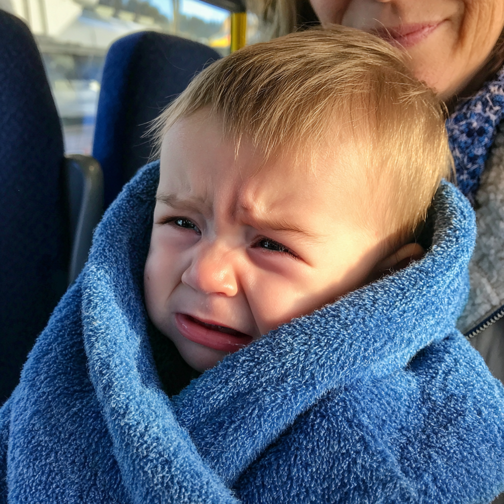 Un bebé disgustado envuelto en una manta azul | Fuente: Midjourney