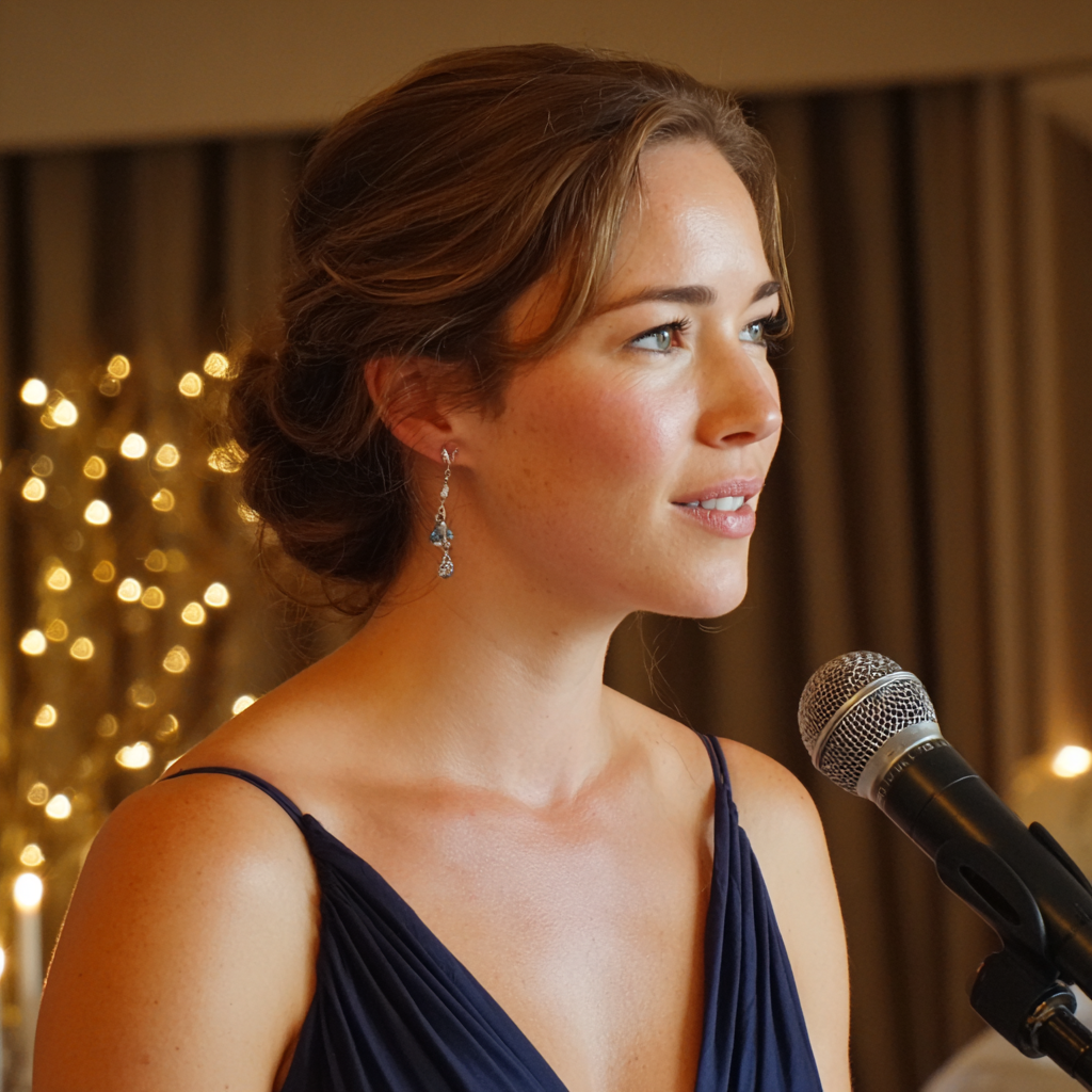 Una mujer ante un micrófono | Fuente: Midjourney