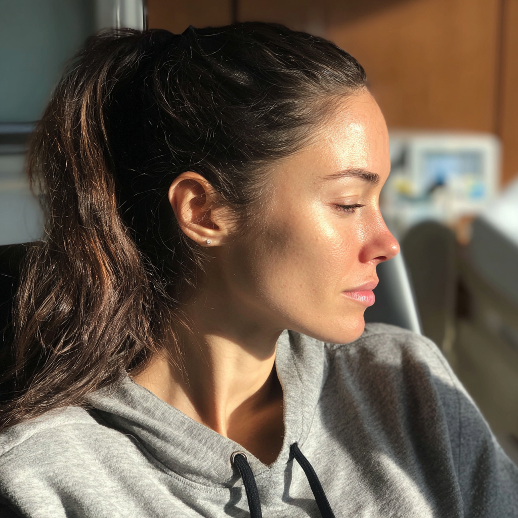 Una mujer emocionada sentada en un hospital | Fuente: Midjourney