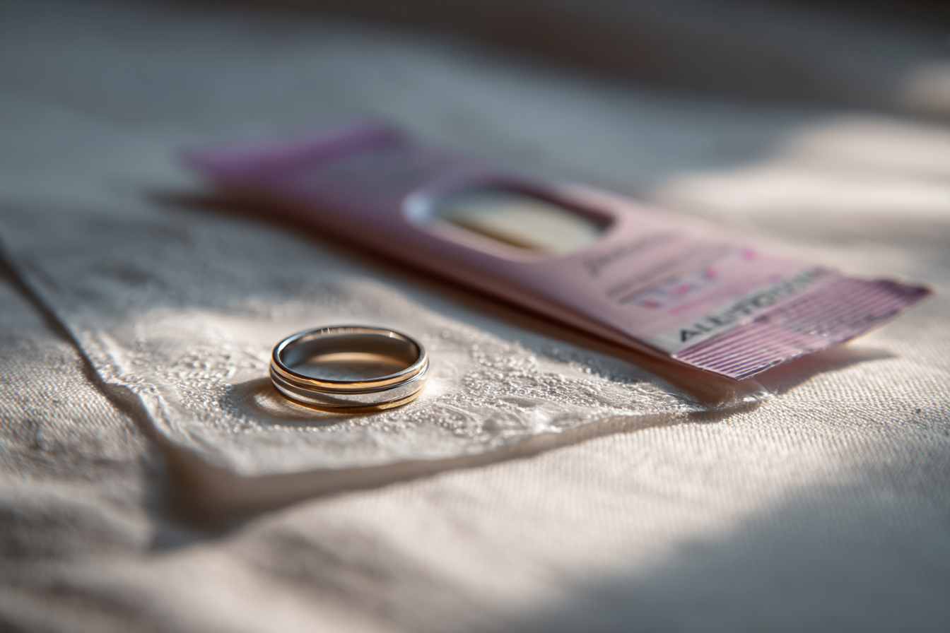 Un anillo de boda junto a un kit de prueba de embarazo sin abrir | Fuente: Midjourney