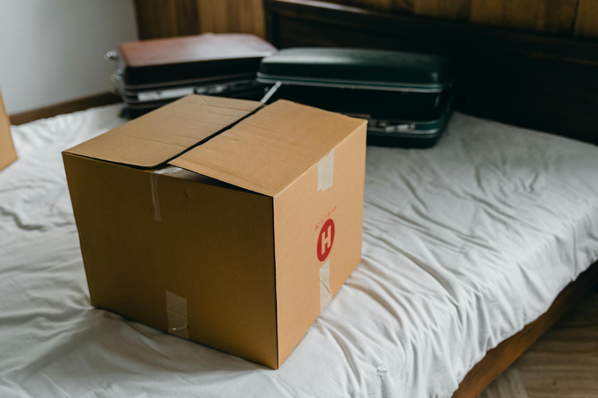 Una caja de cartón y unas maletas sobre una cama | Fuente: Pexels