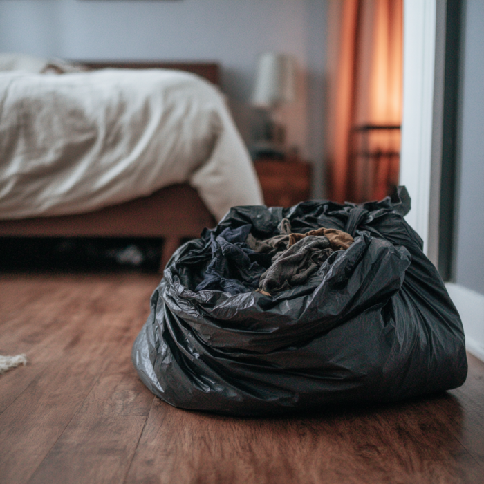 Una bolsa de basura tirada en el suelo del dormitorio | Fuente: Midjourney