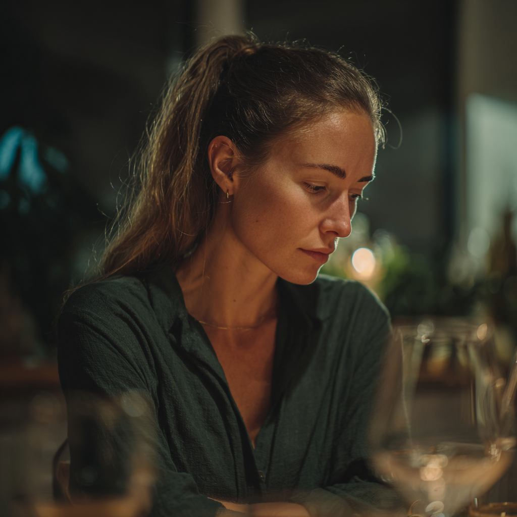 Una mujer mirando una mesa | Fuente: Midjourney