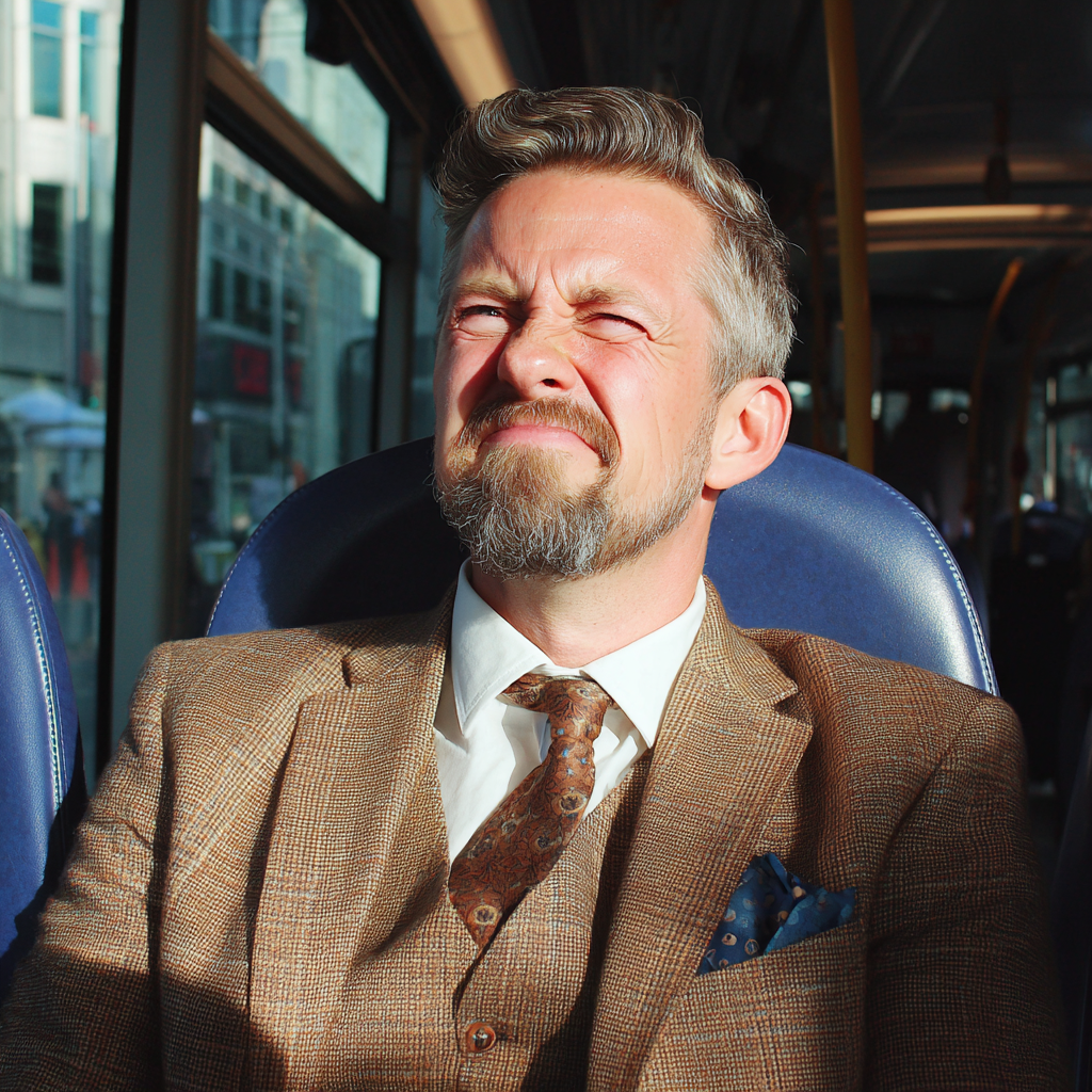 Un hombre con una mueca sentado en un autobús | Fuente: Midjourney