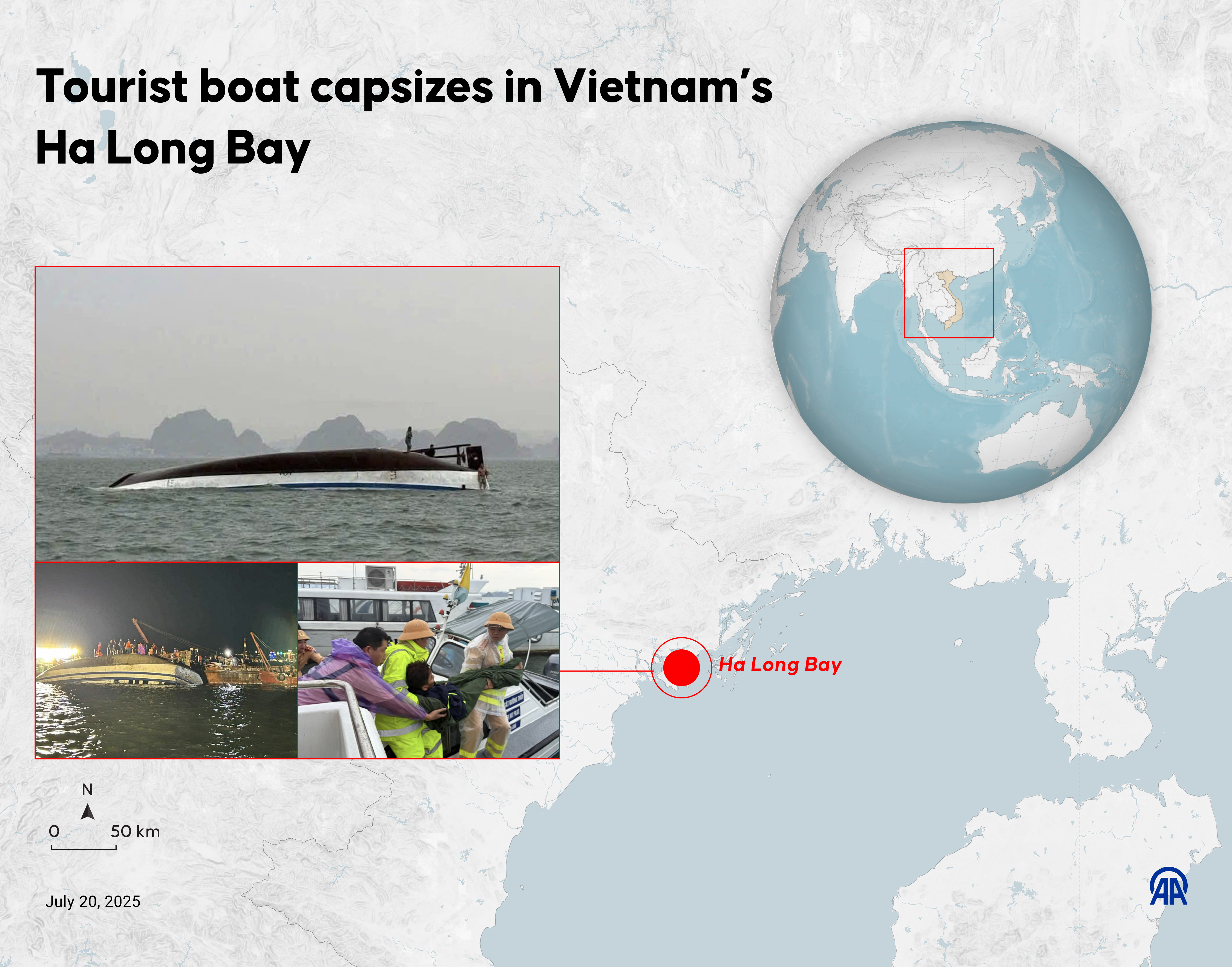 Una infografía titulada "Barco turístico vuelca en la bahía de Ha Long de Vietnam" creada en Estambul, Turquía, el 20 de junio de 2025. | Fuente: Getty Images.
