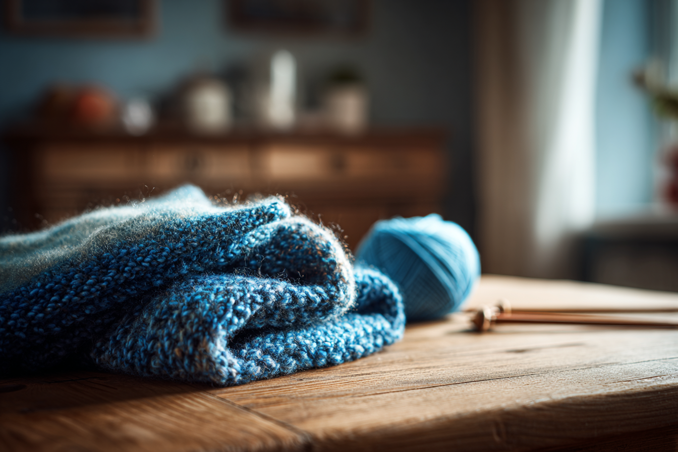 Una bufanda tejida sobre una mesa | Fuente: Midjourney