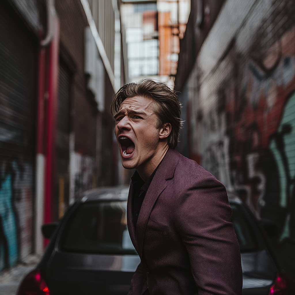 Un hombre con una chaqueta granate gritando en un callejón | Fuente: Midjourney