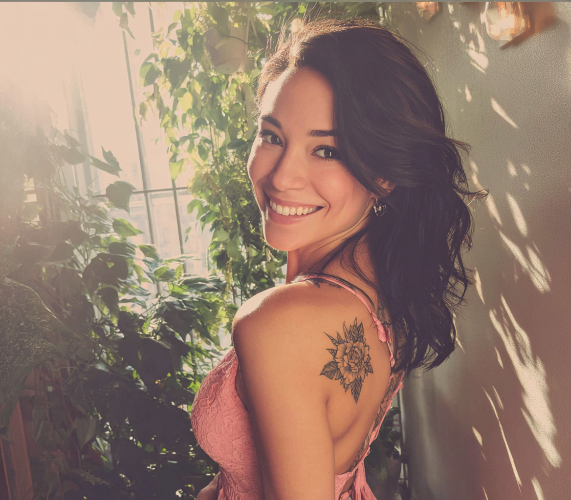 Una mujer sonriente con un vestido rosa | Fuente: Midjourney