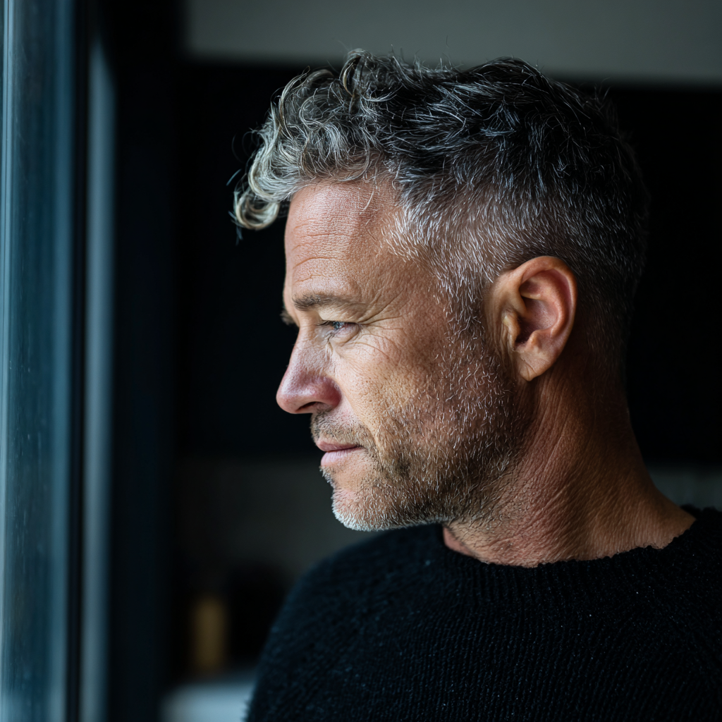Un hombre mirando por la ventana de la cocina | Fuente: Midjourney
