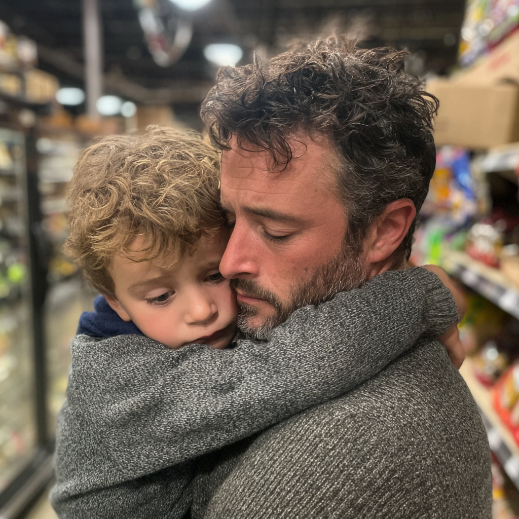 Un hombre emocional con su hijo en brazos | Fuente: Midjourney