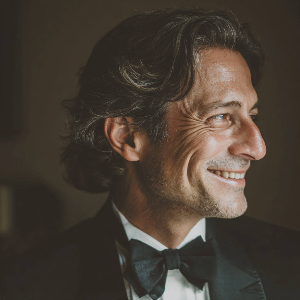 Un hombre mayor sonriente vestido de esmoquin | Fuente: Midjourney
