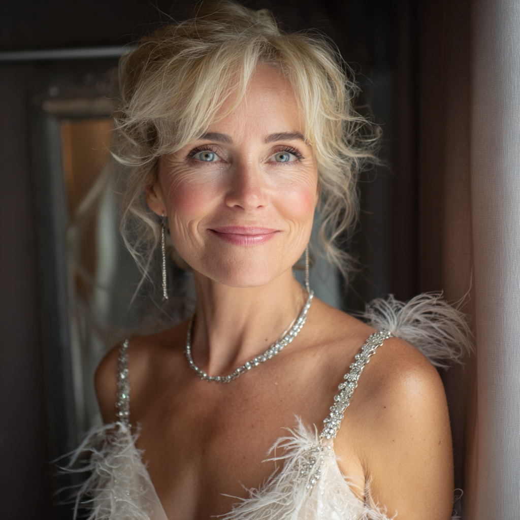 Una mujer sonriente con un vestido blanco | Fuente: Midjourney