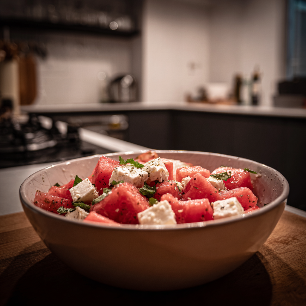 Un cuenco de ensalada de feta y sandía en la encimera de la cocina | Fuente: Midjourney