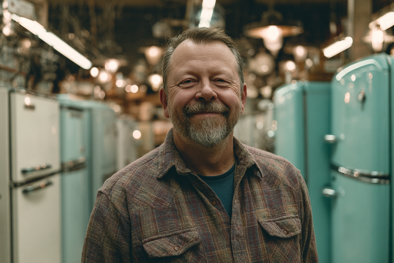 Un hombre de pie en su tienda | Fuente: Midjourney