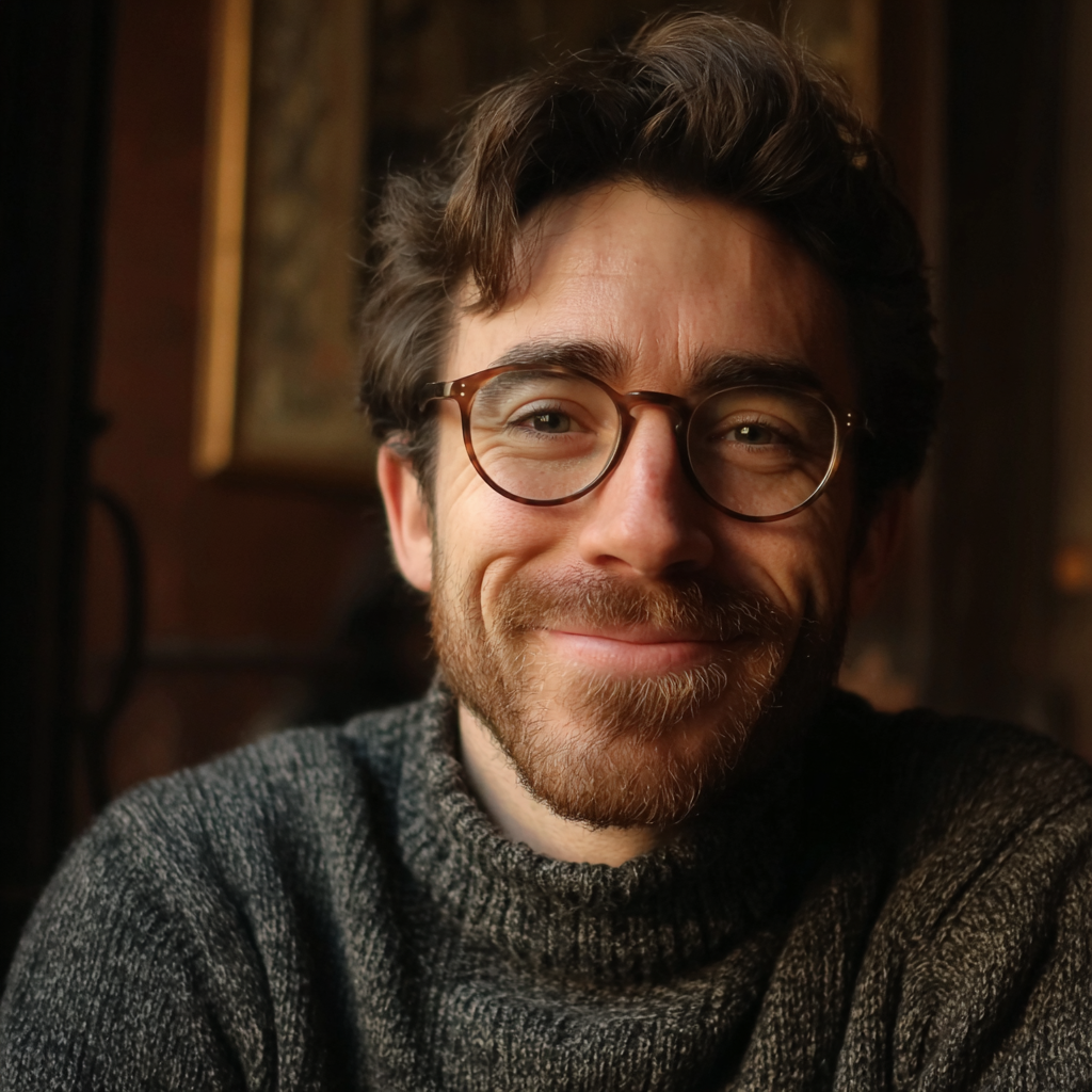 Un hombre sonriente con un jersey gris | Fuente: Midjourney