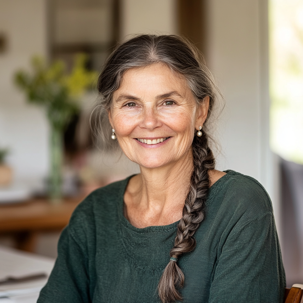 Una mujer sonriente sentada a una mesa | Fuente: Midjourney