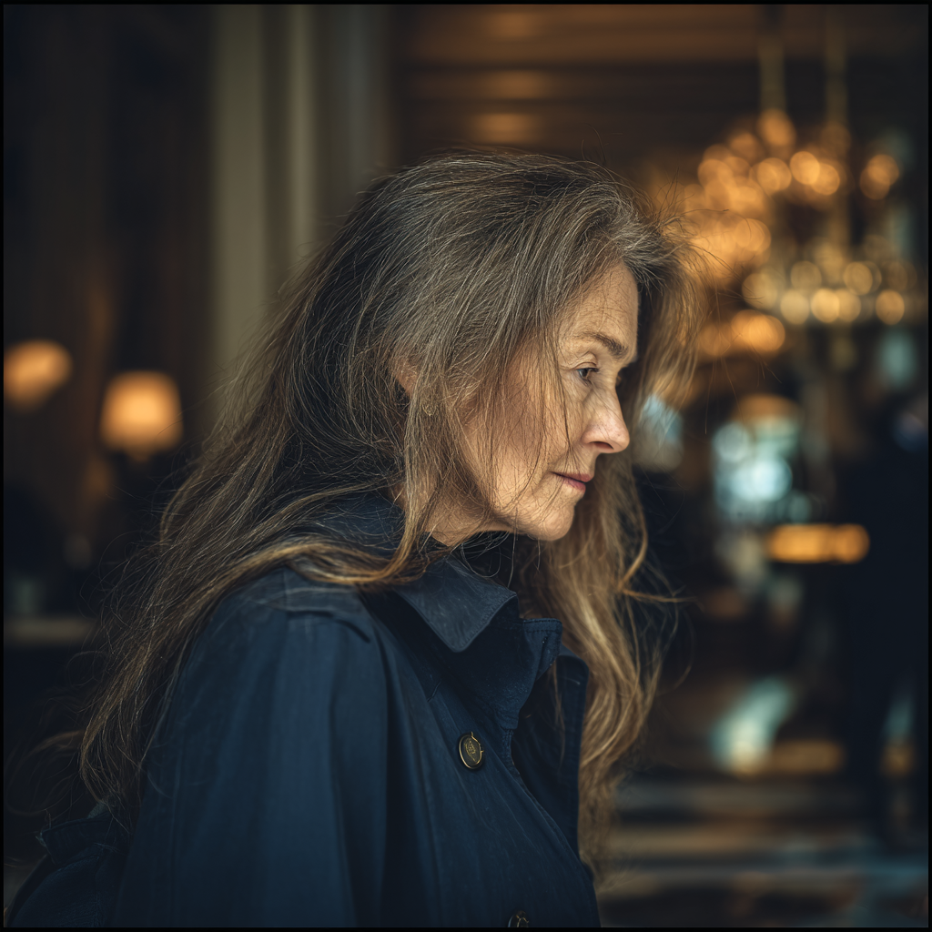 Una mujer mayor con gabardina azul marino | Fuente: Midjourney