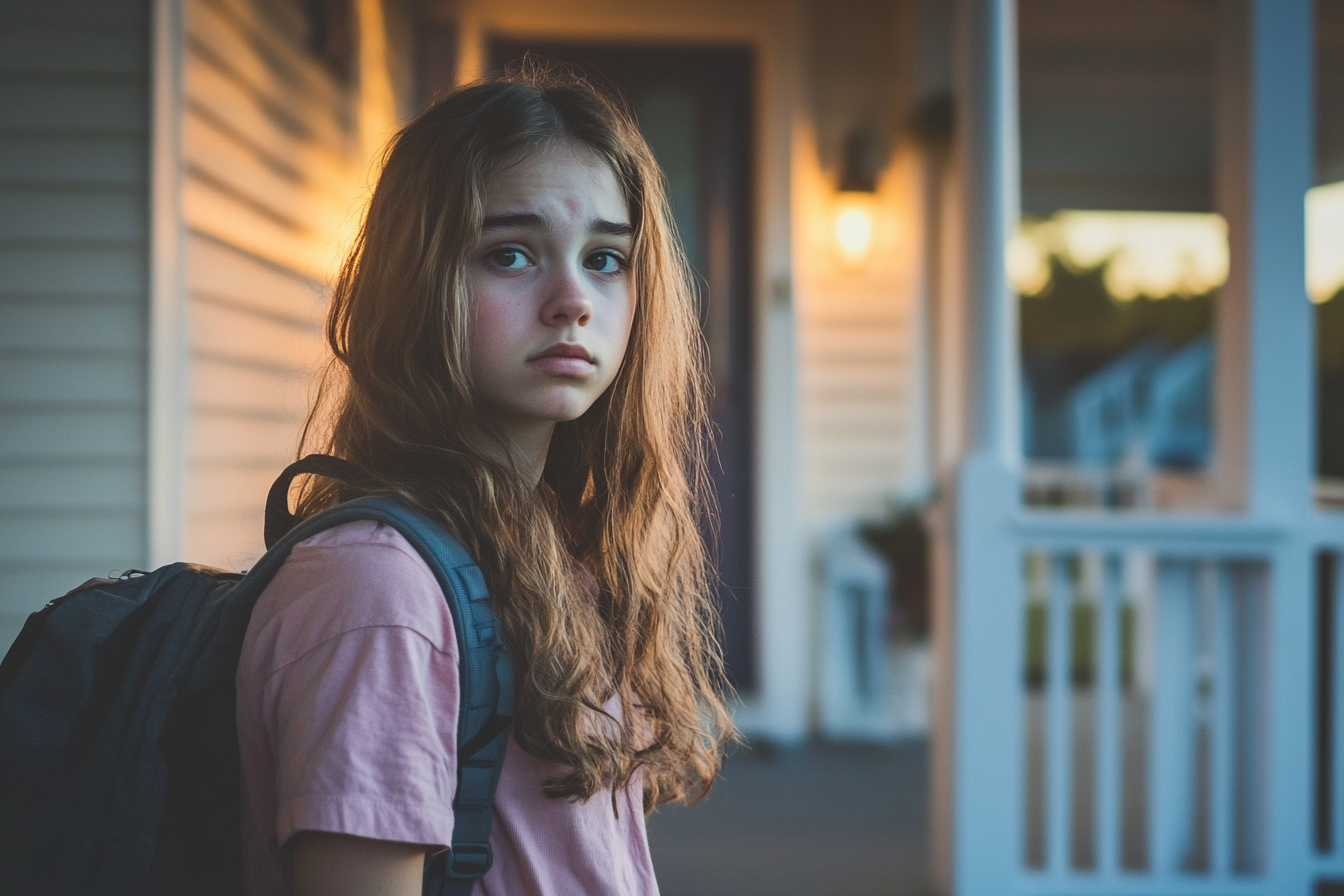 Una niña de aspecto triste cerca de una puerta | Fuente: Midjourney