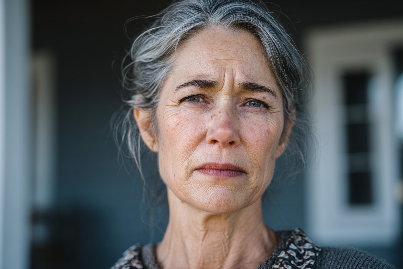 Una mujer mayor delante de su casa | Fuente: Midjourney