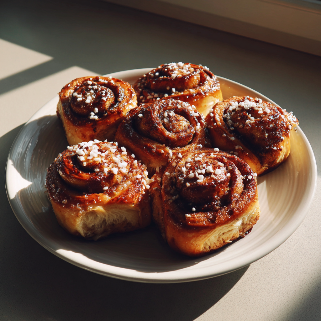 Bollos de canela frescos en un plato | Fuente: Midjourney