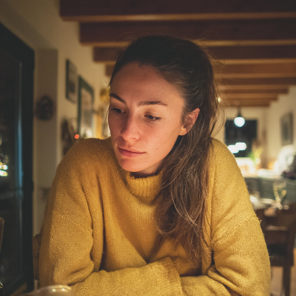 Una mujer enfadada con un suéter mostaza | Fuente: Midjourney