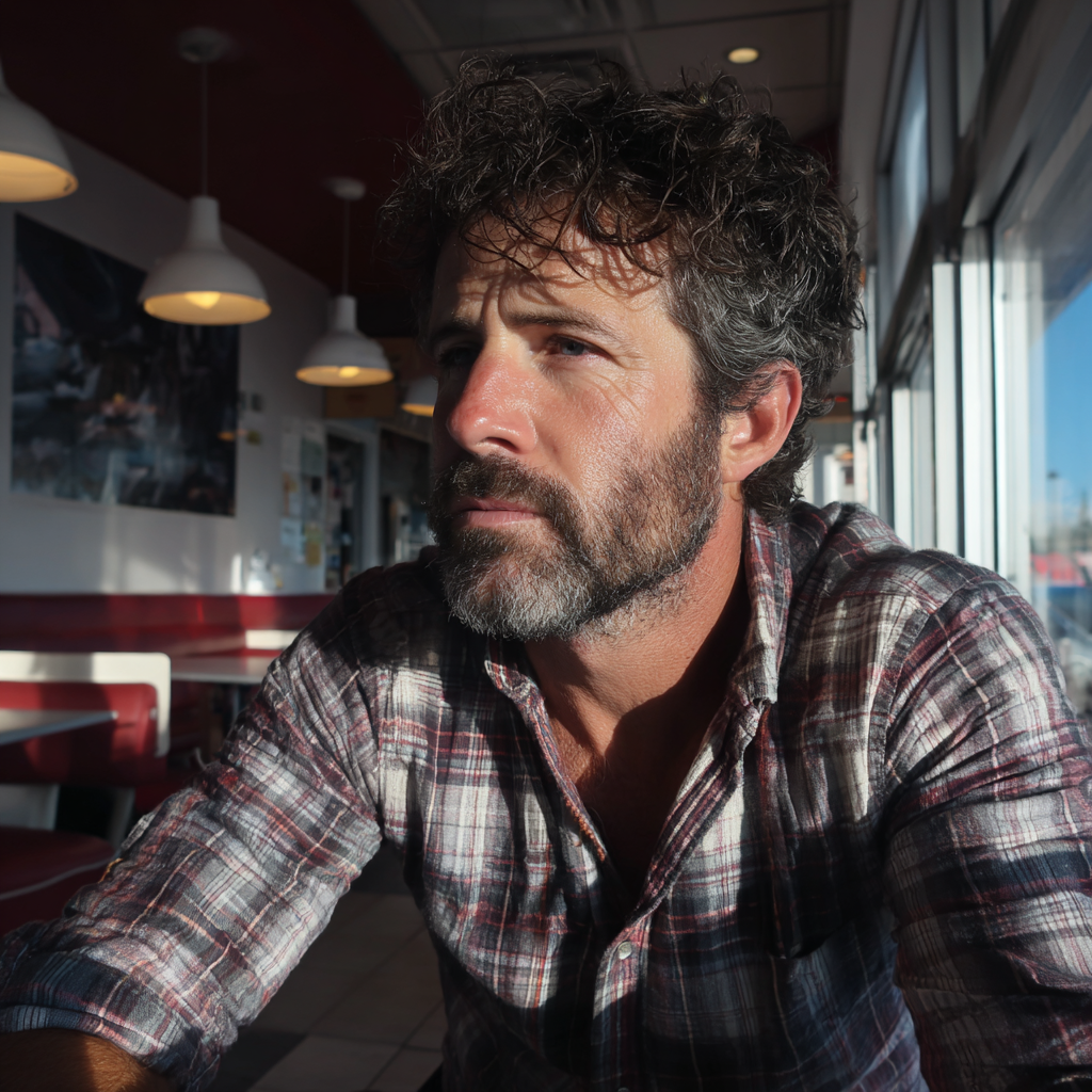 Un hombre pensativo sentado en una cafetería | Fuente: Midjourney