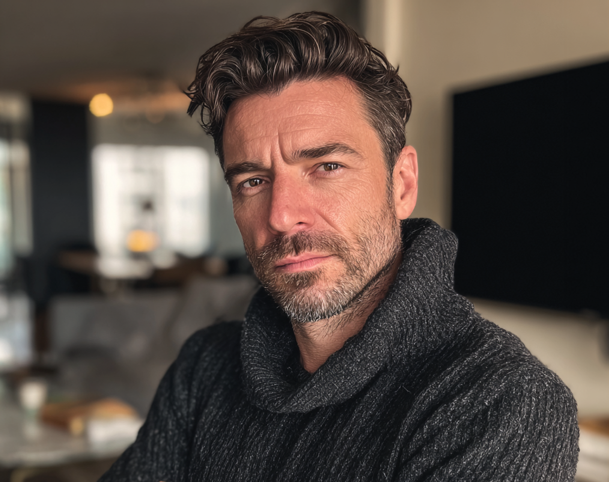 Un hombre ceñudo con un jersey gris | Fuente: Midjourney