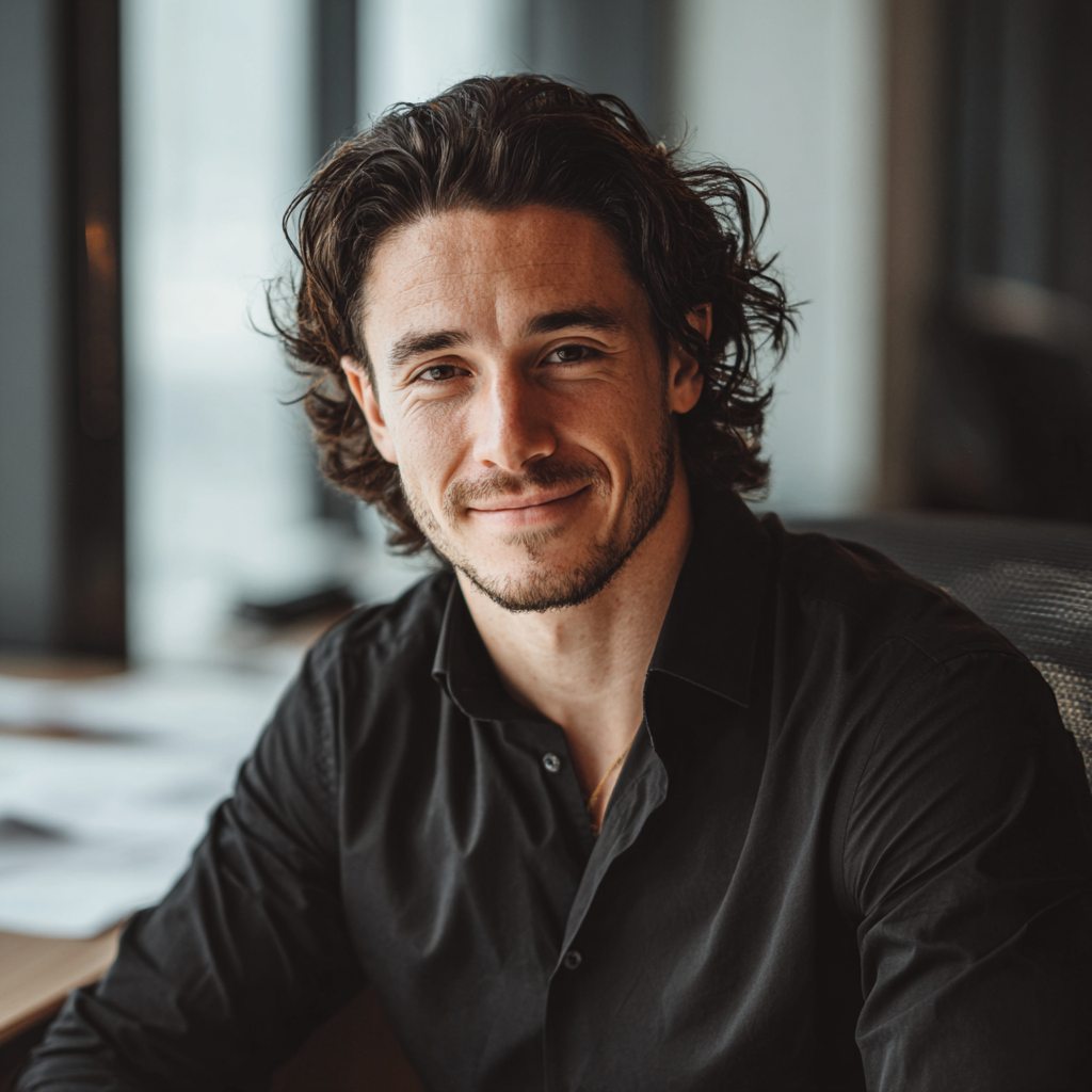 Un hombre sonriente con una camisa negra de etiqueta | Fuente: Midjourney