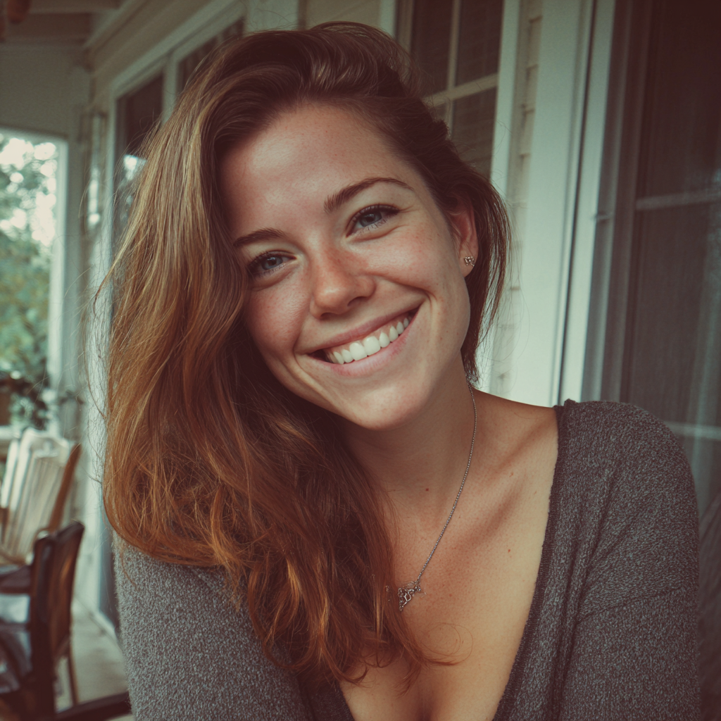 Una mujer sonriente sentada en un porche | Fuente: Midjourney