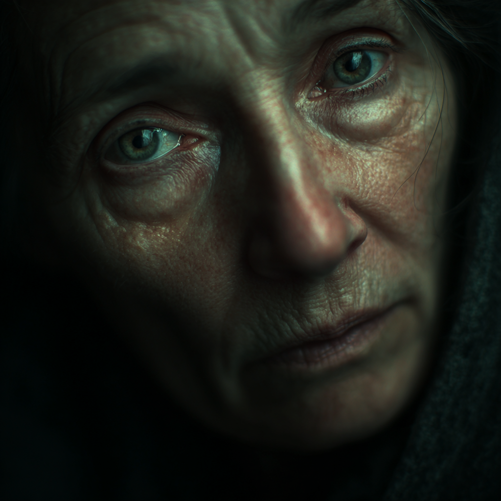 Una mujer sin hogar con ojos tristes | Fuente: Midjourney