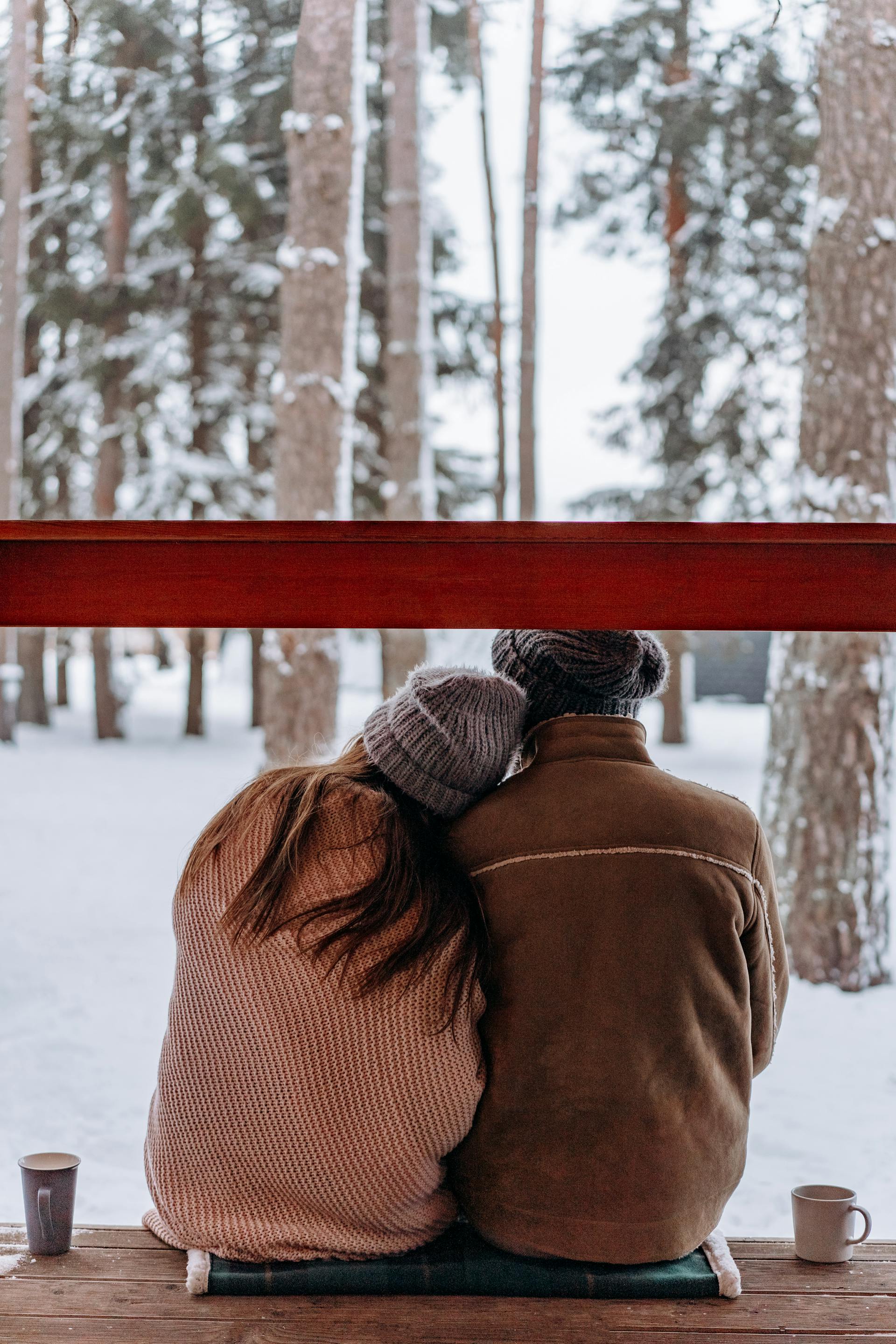 Toma de espaldas de una pareja sentada y disfrutando de la estación invernal | Fuente: Pexels