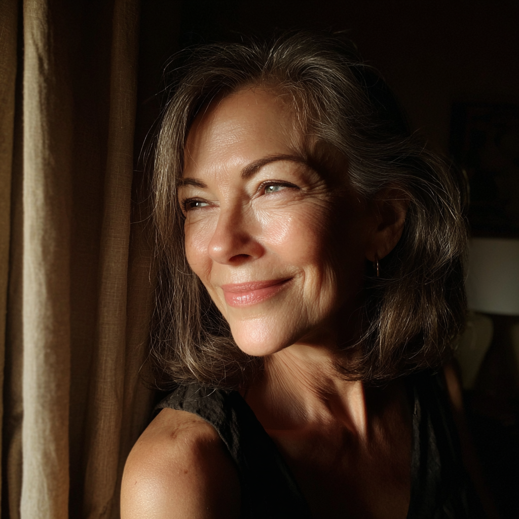 Una mujer mayor sonriente mirando por una ventana | Fuente: Midjourney