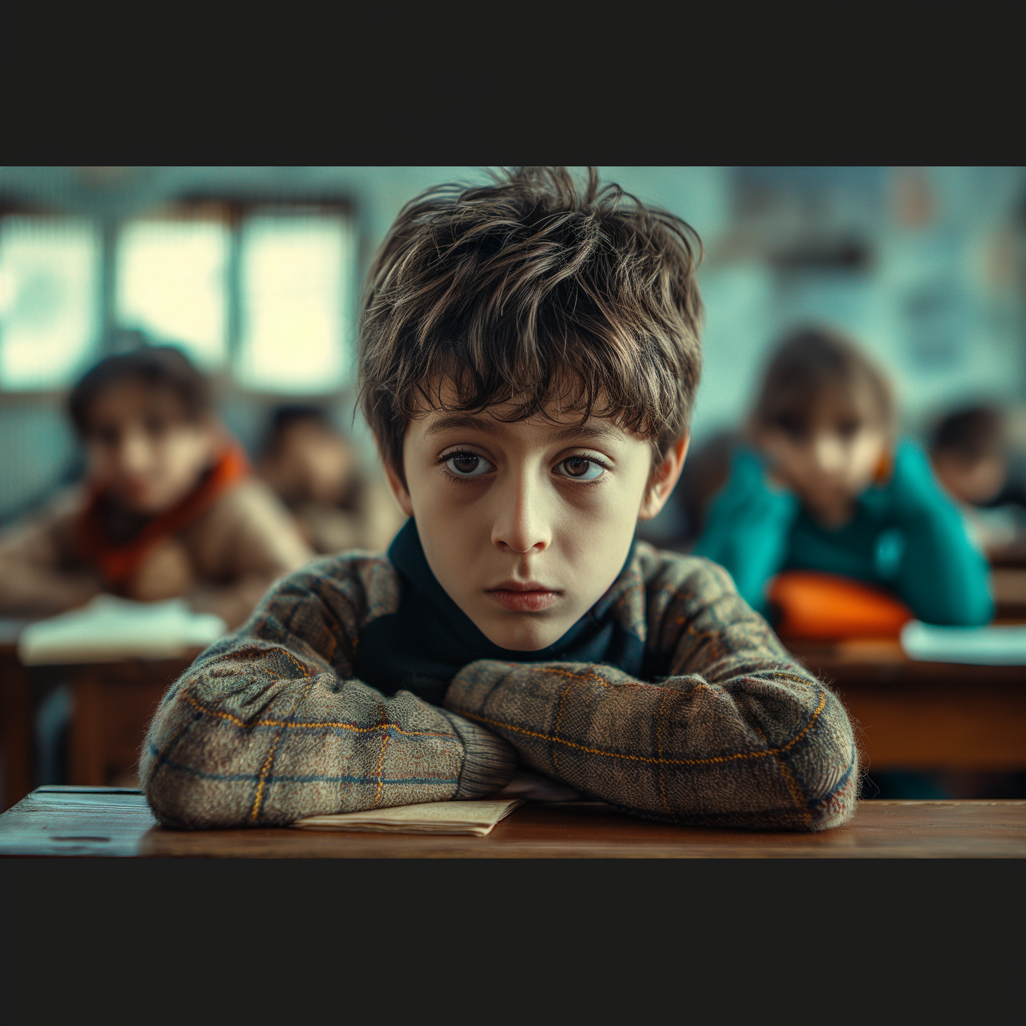 Un niño triste en una clase | Fuente: Midjourney