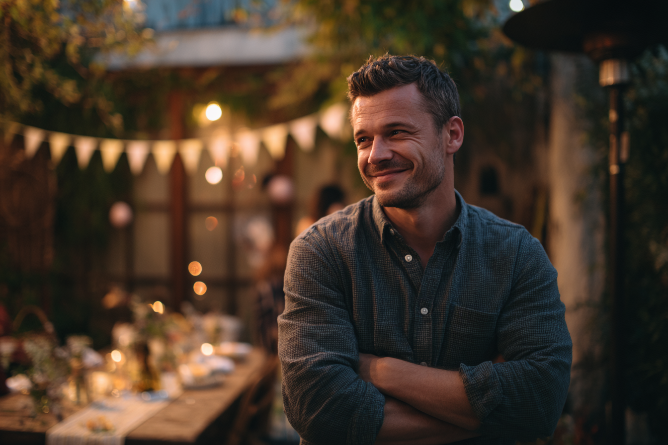 Un hombre de pie en una fiesta de bienvenida al bebé | Fuente: Midjourney