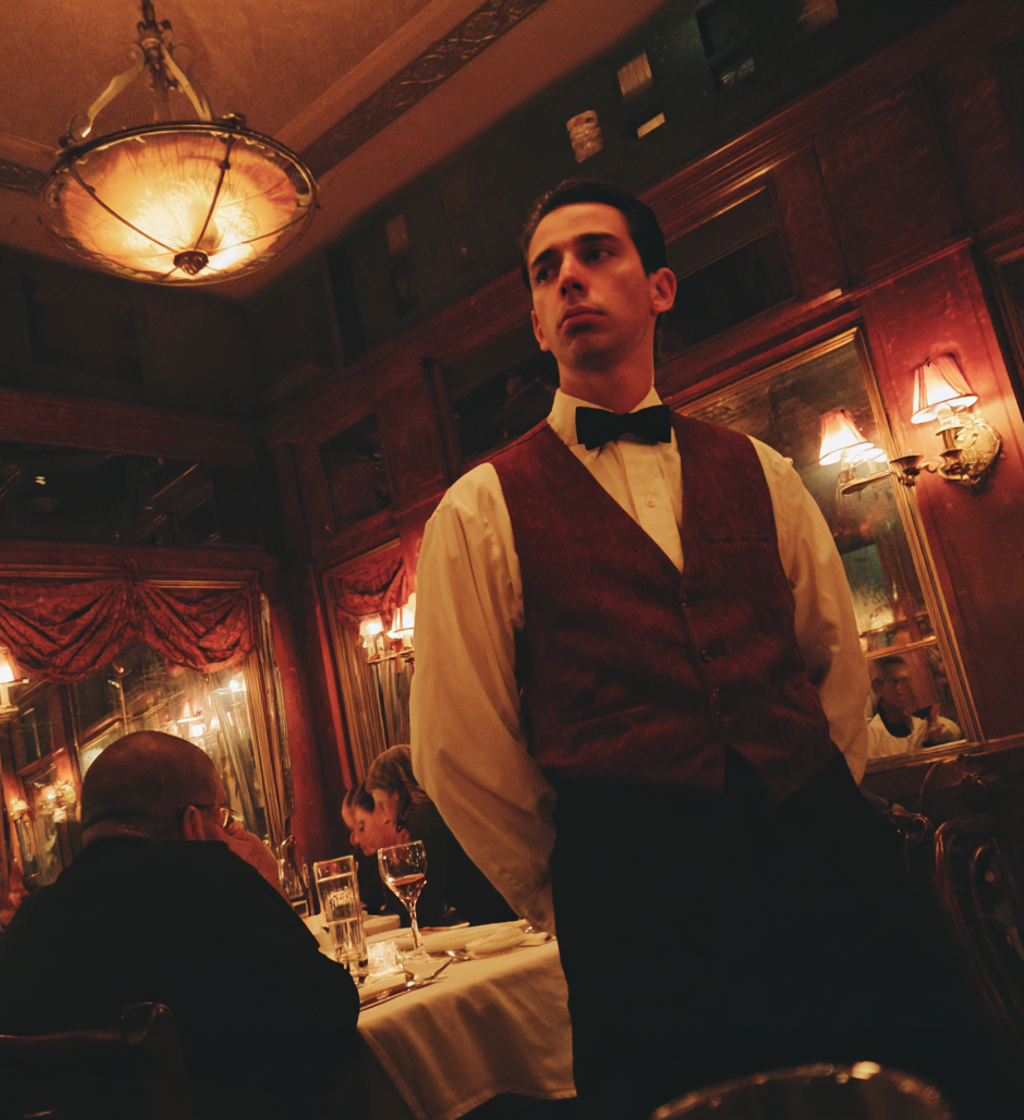 Un camarero de pie en un restaurante oscuro | Fuente: Midjourney