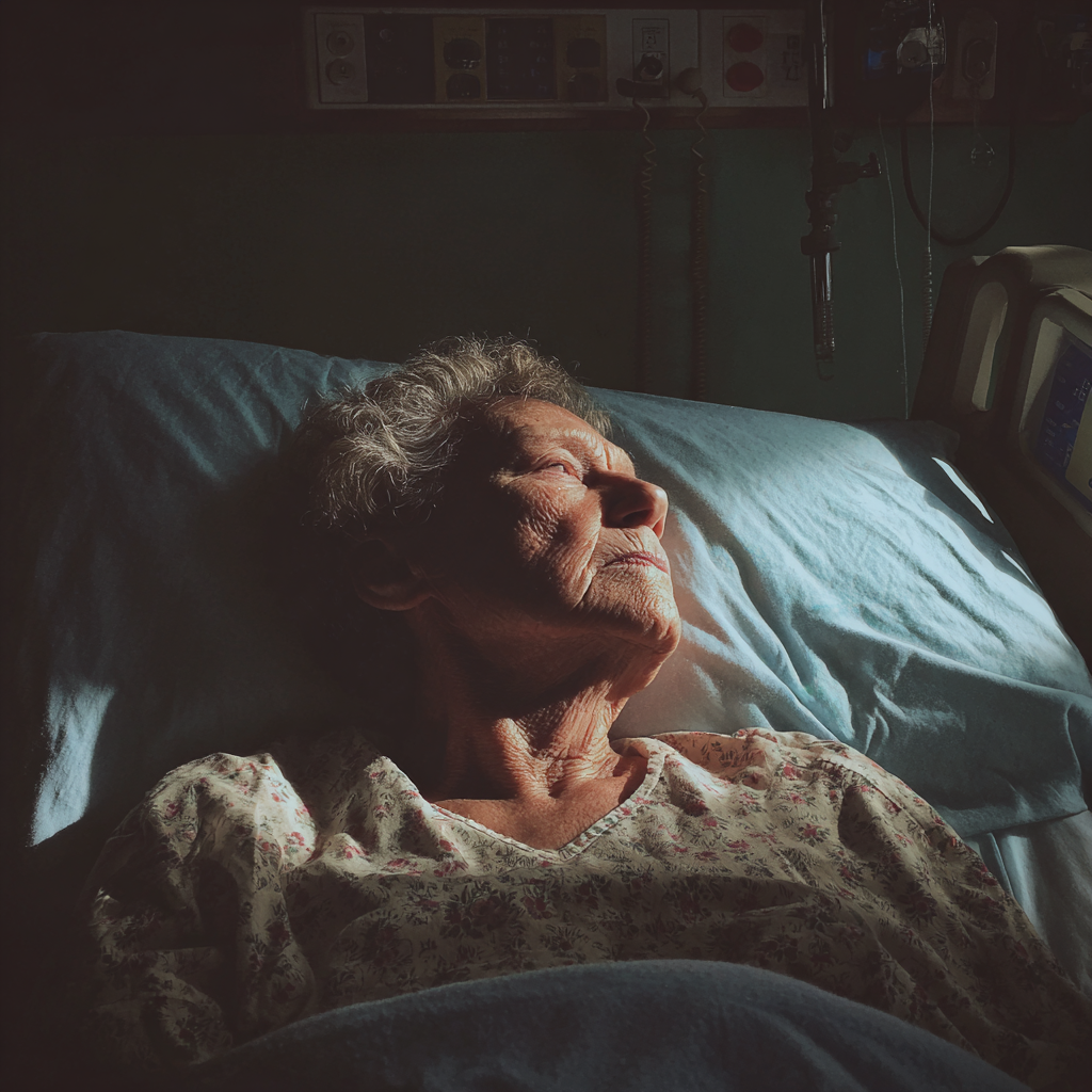 Una anciana tumbada en la cama de un hospital | Fuente: Midjourney