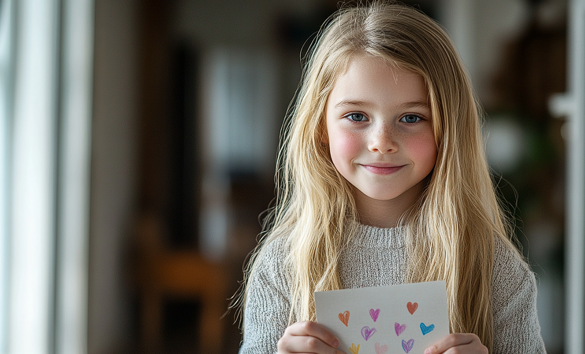 Una niña con una tarjeta en la mano | Fuente: Midjourney
