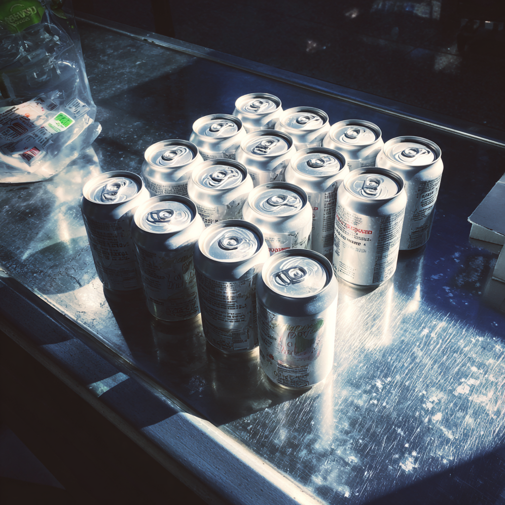 Latas de agua con gas en una cinta de caja de un supermercado | Fuente: Midjourney