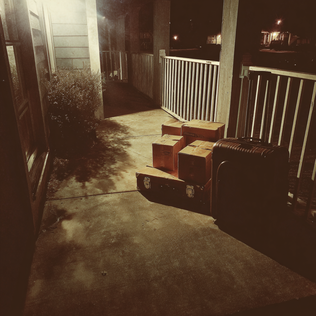 Cajas de cartón y maletas en un porche | Fuente: Midjourney