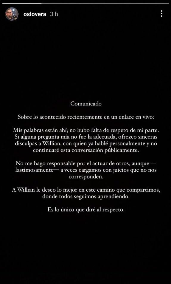 Comunicado de Óscar Lovera sobre el incidente en vivo en el programa “Paraguay en Vivo” | Fuente: Instagram Stories/oslovera