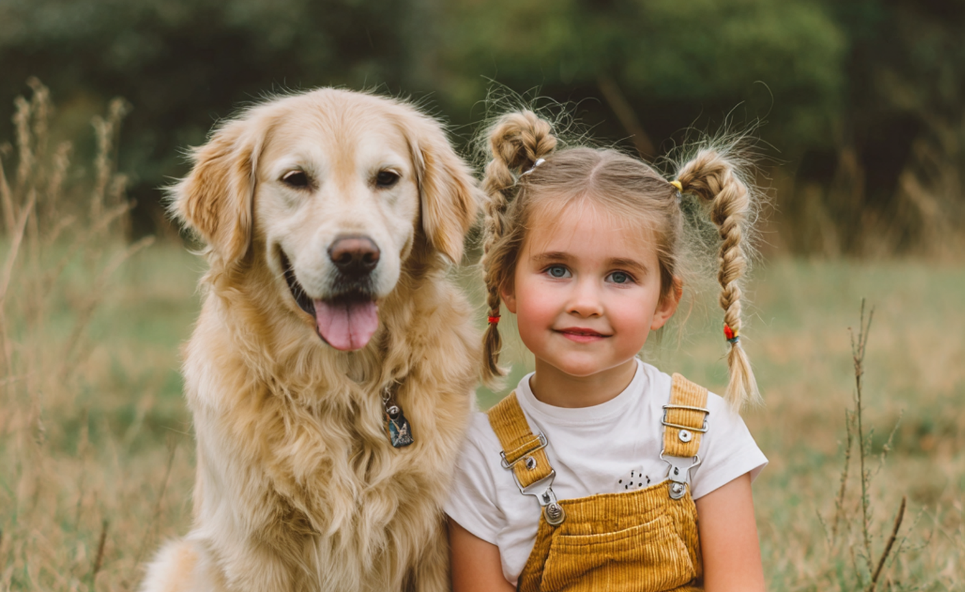 Una niña sonriente sentada con un perro | Fuente: Midjourney