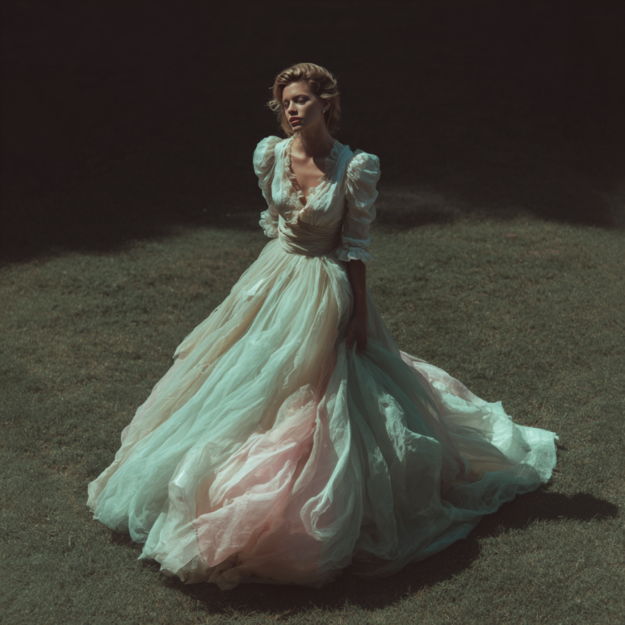 Una mujer con un vestido de novia en tonos pastel | Fuente: Midjourney