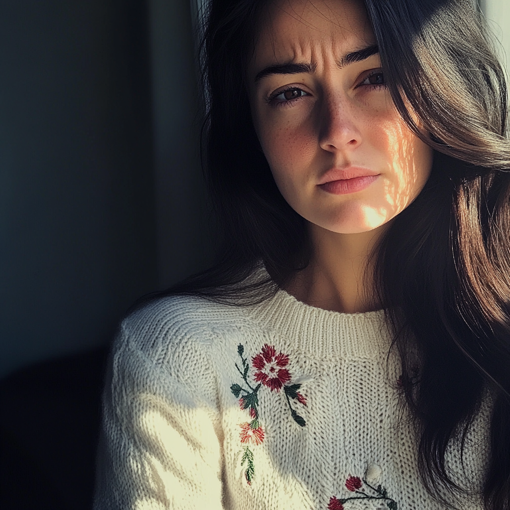 Primer plano de una mujer con el ceño fruncido | Fuente: Midjourney