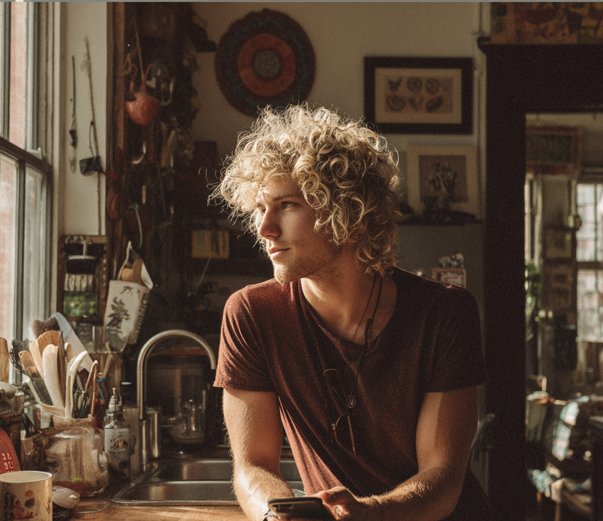 Un hombre apoyado en un mostrador con su teléfono | Fuente: Midjourney