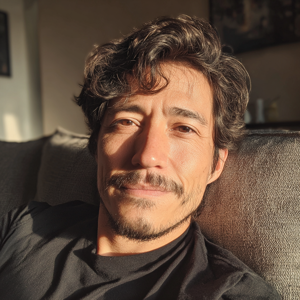 Un hombre sentado en un sofá y sonriendo suavemente | Fuente: Midjourney
